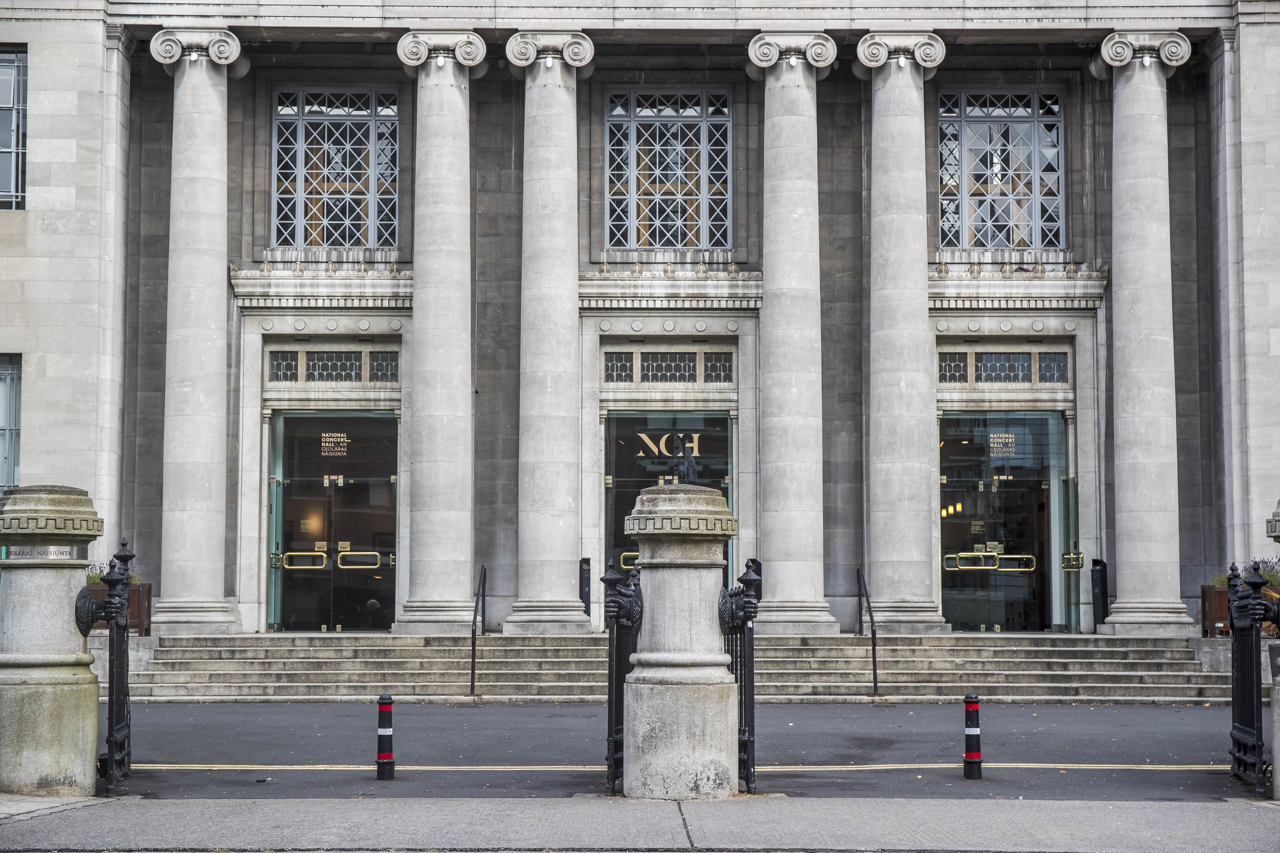 Outdoor shot of the doors and pillars at the front of the National Concert Hall