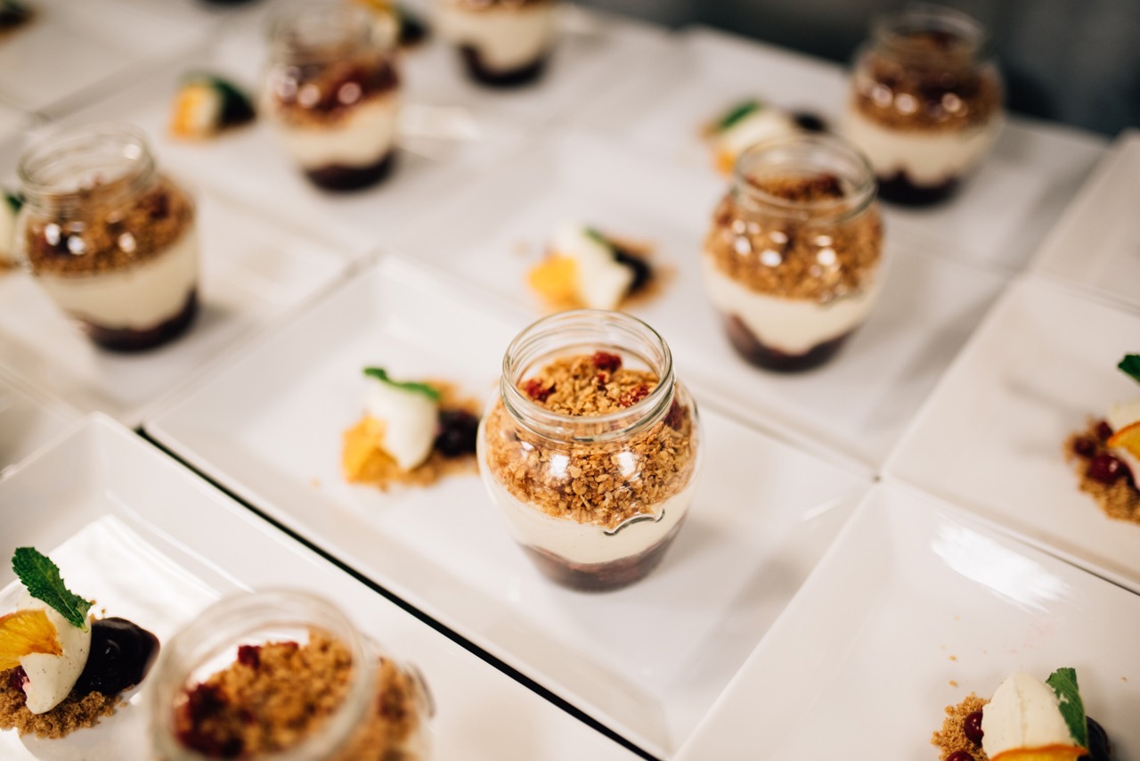 Multiple plates of desserts in a jar