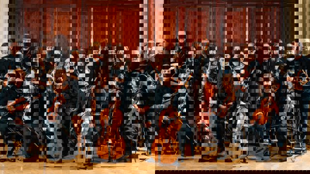 Wide image of Irish Baroque Orchestra musicians against a brown door backdrop