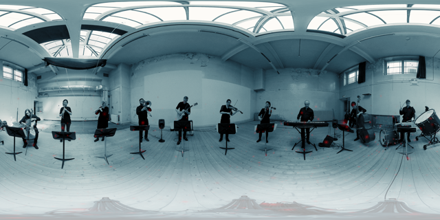 Members of Crash Ensemble dressed in black in performance in a white room using a fish-eyes lens