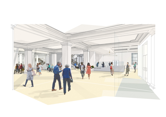 Rendering of proposed foyer and Box Office of redeveloped NCH