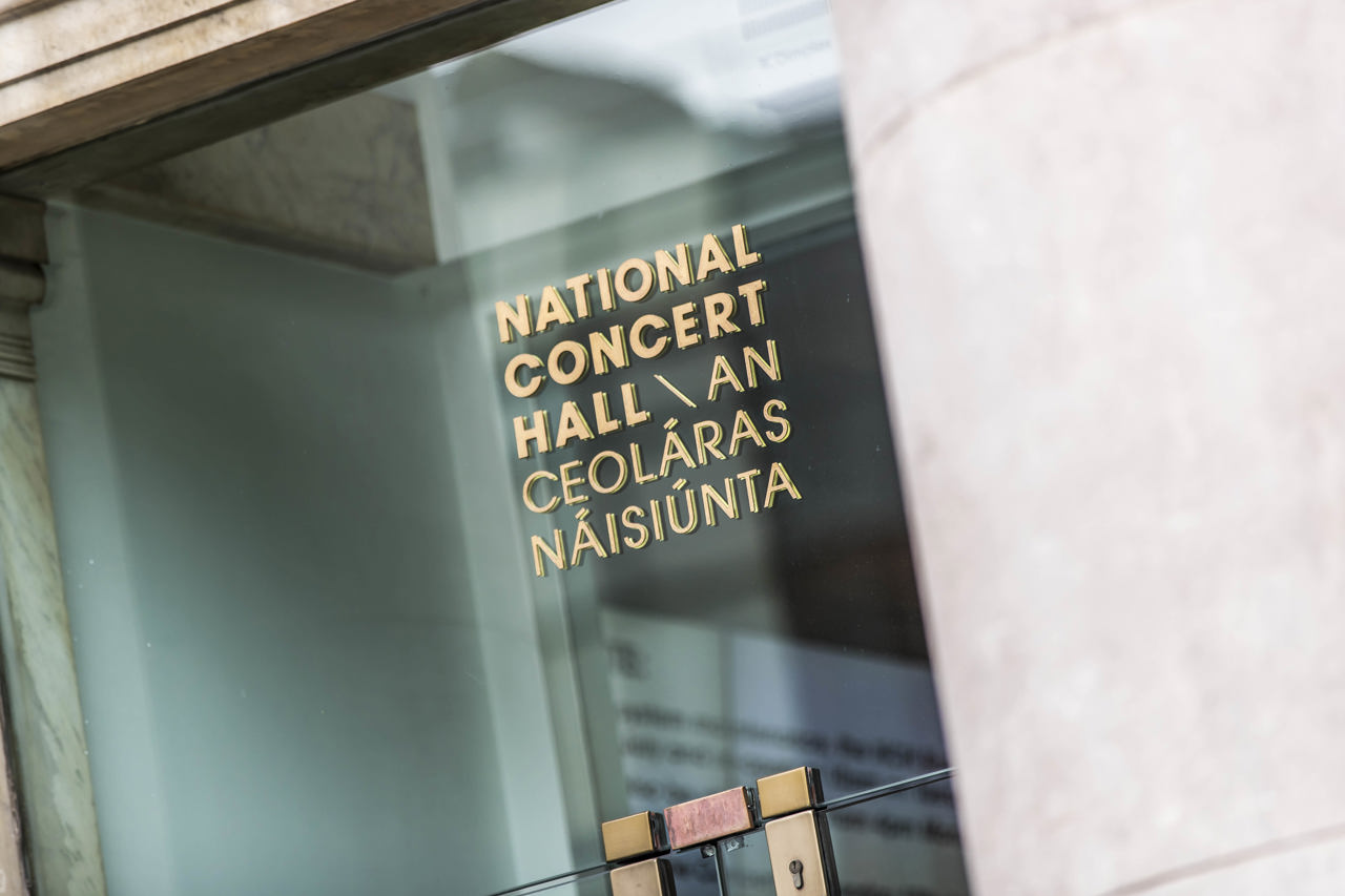 Outdoor image of NCH door with National Concert Hall/An Ceoláras Náisiúnta in gold lettering