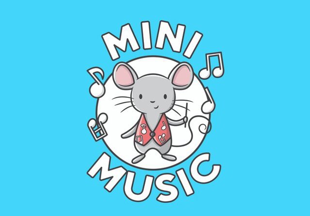 Mini Music Logo, cartoon grey mouse with a red eaistcoat with a pattern of white notes surrounded by a white circle with music notes and the words Mini Music on a blue background